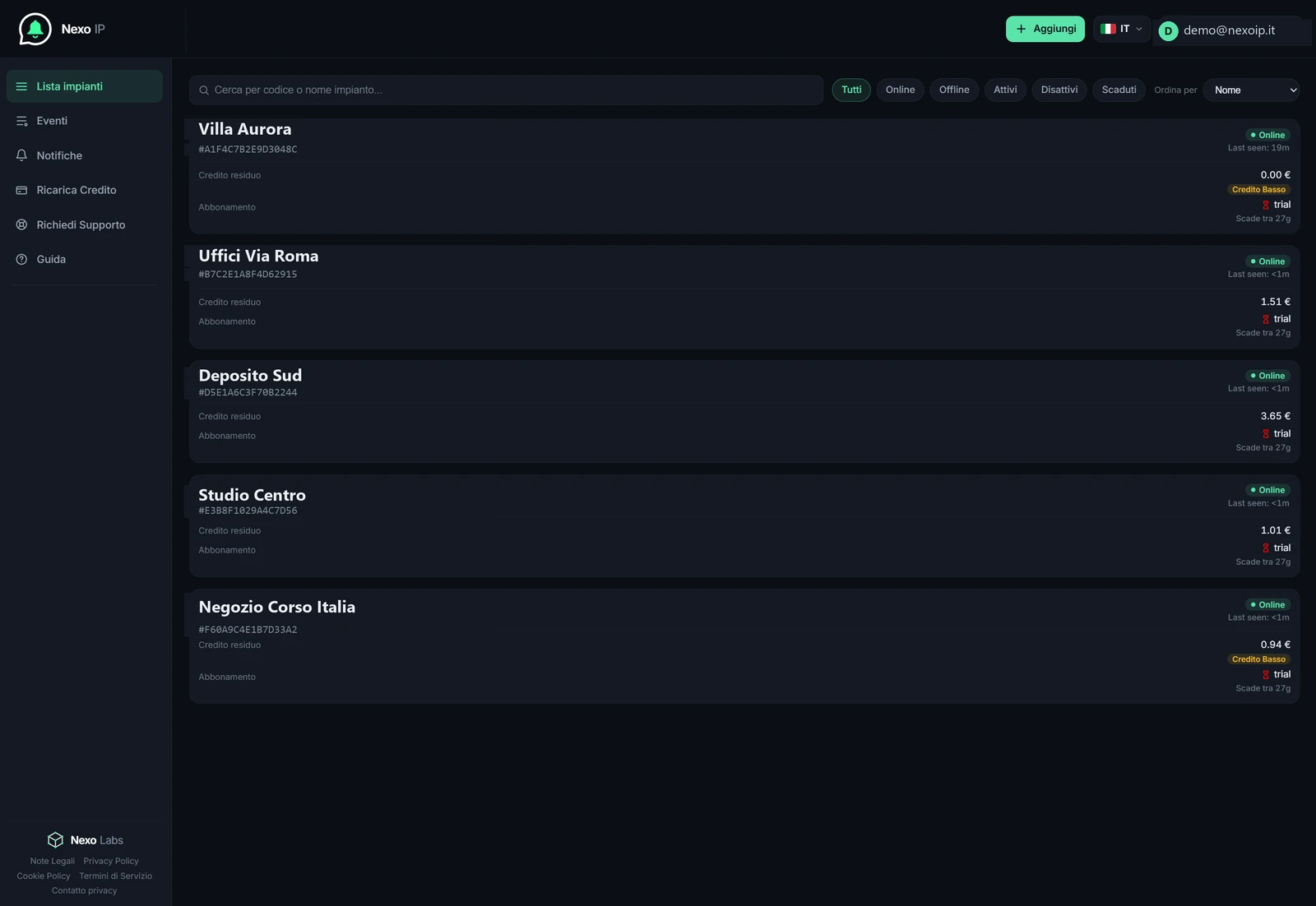 Preview of the NEXO IP user dashboard
